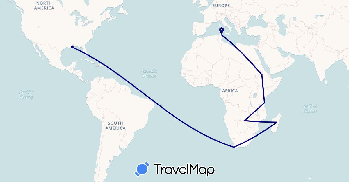 TravelMap itinerary: driving in Ethiopia, Madagascar, Tunisia, Tanzania, United States, South Africa, Zimbabwe (Africa, North America)